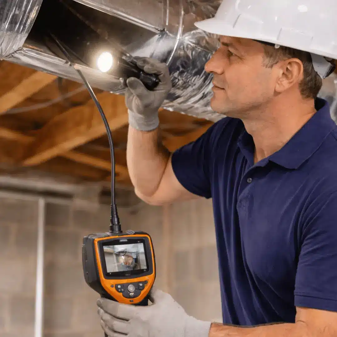 HVAC technician inspecting air duct interior with camera and flashlight during duct inspection