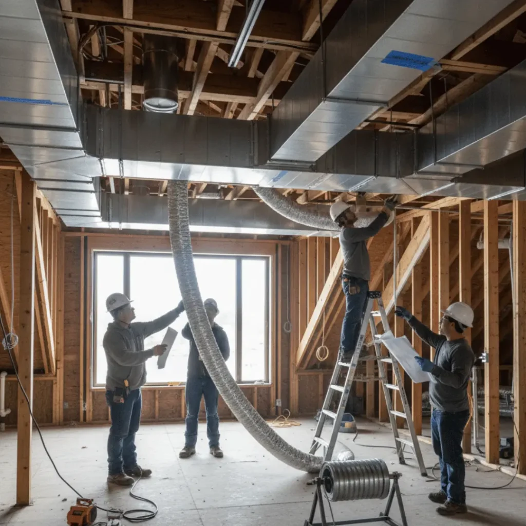 Commercial HVAC duct installation by Go Air Ducts inside framed building