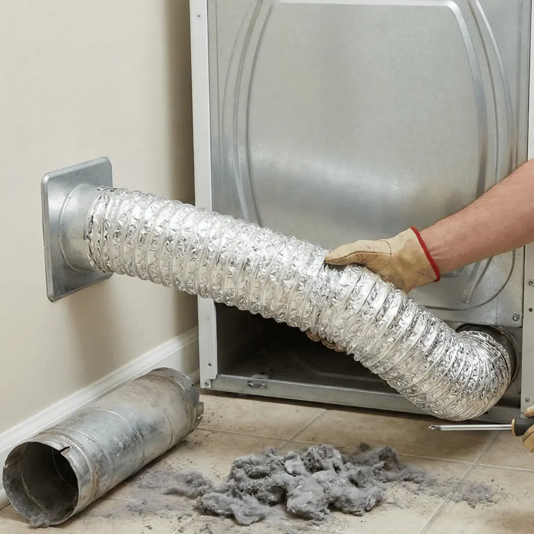 Dryer vent cleaning removing lint buildup from metal duct behind laundry appliance