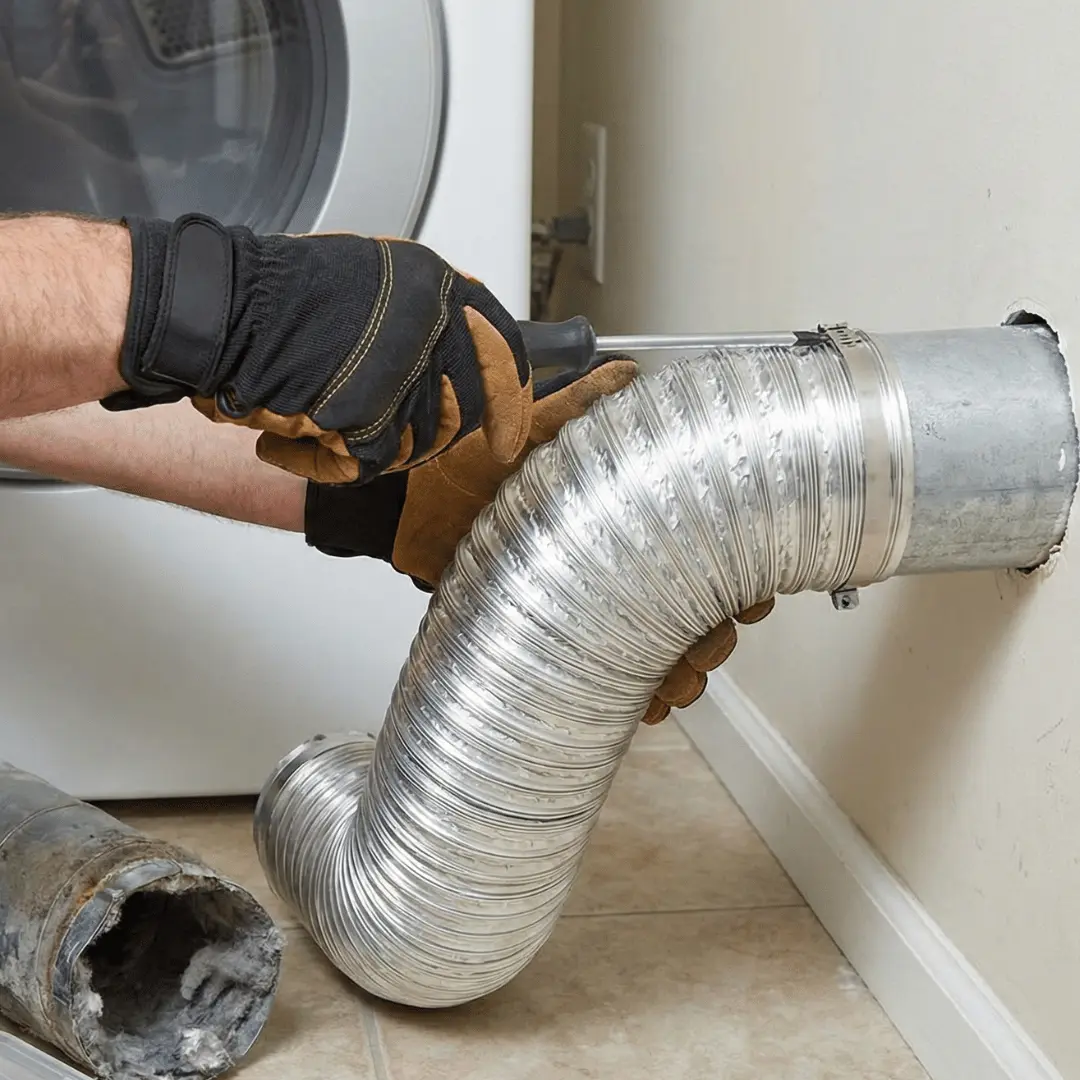 Dryer vent cleaning with brush removing lint buildup from metal duct