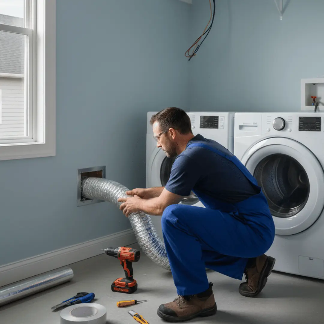 Professional dryer vent duct connection being secured behind a washing machine in a modern laundry room