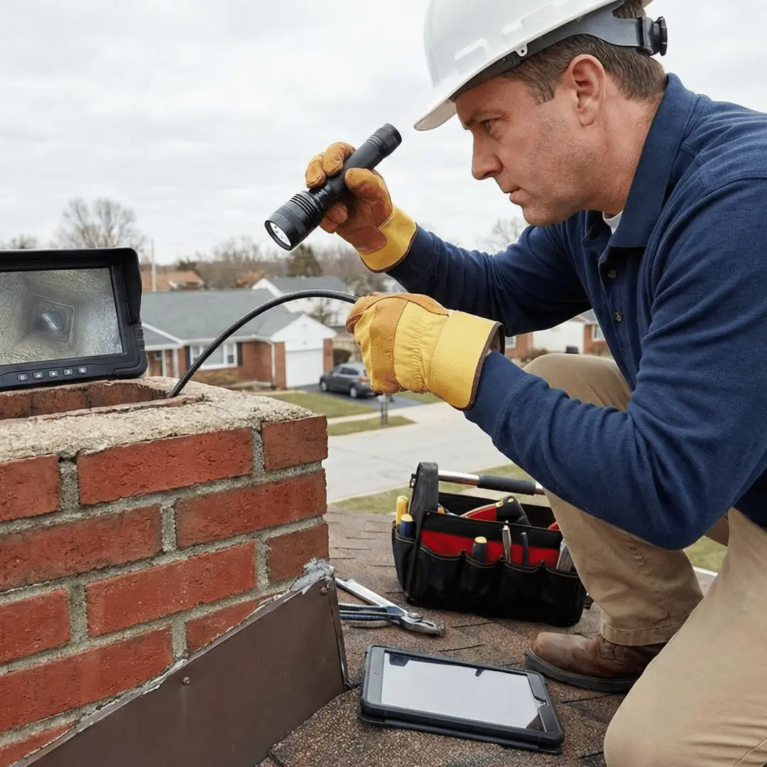 Technician inspecting air duct and vent system on rooftop using camera and inspection tools