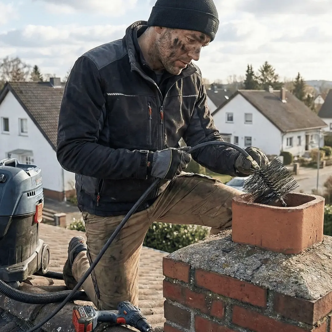 Chimney sweep removing creosote buildup from a residential chimney flue
