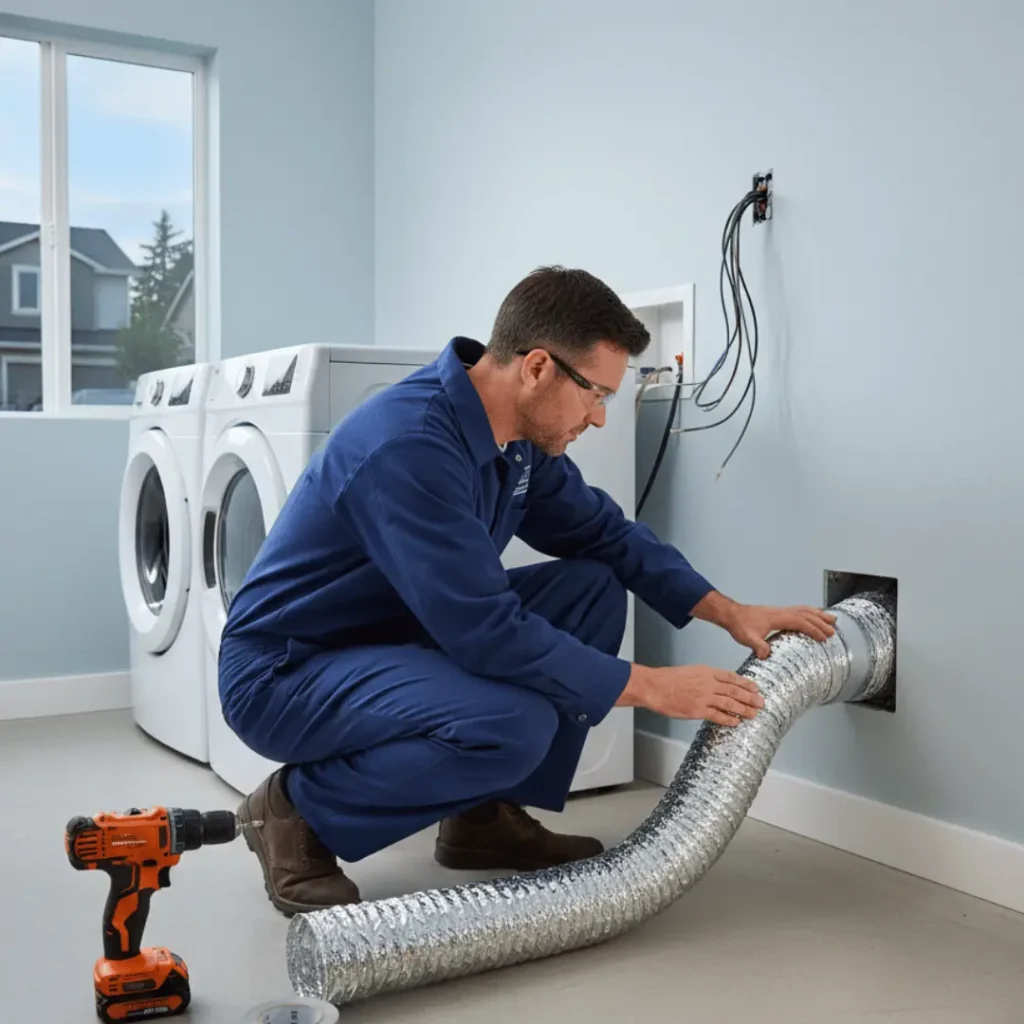 Technician installing a flexible dryer vent duct in a residential laundry room for improved airflow and safety