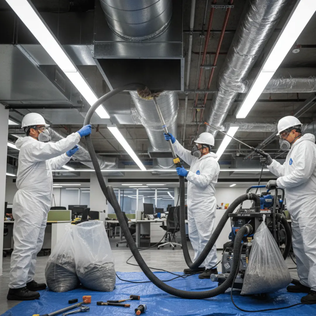 Commercial air duct cleaning in a large warehouse by Go Air Ducts technicians