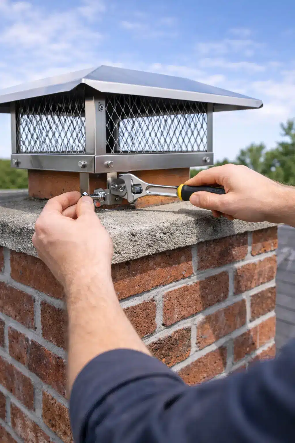 Technician repairing or installing a chimney cap with a wrench.
