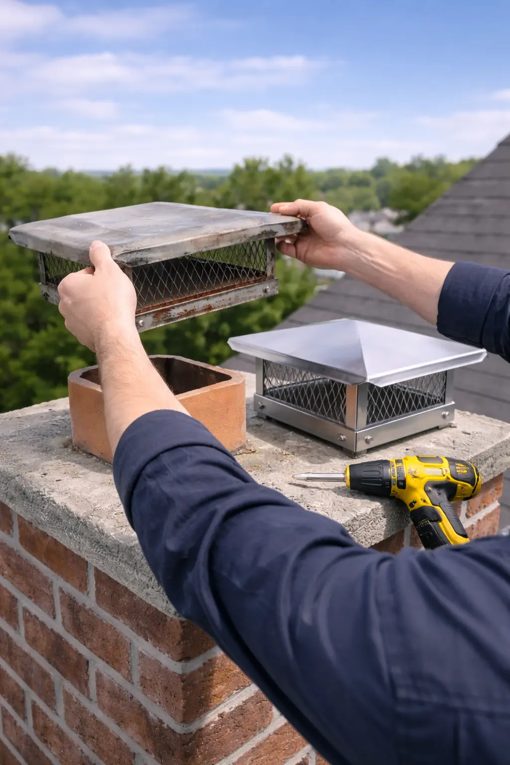 Technician replacing an old chimney cap with a new one on top of a brick chimney