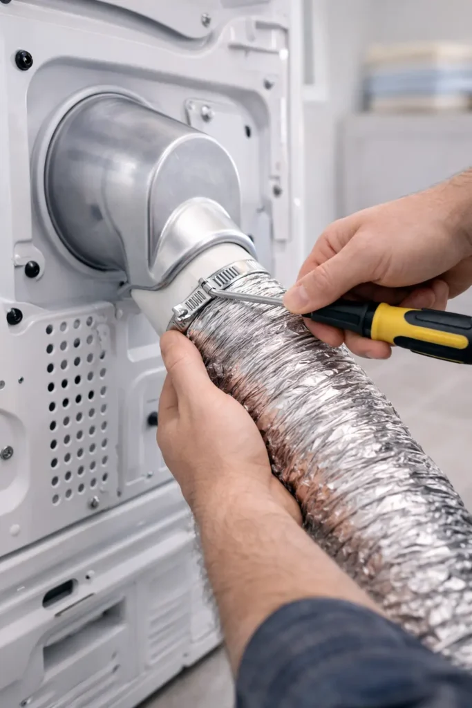 Technician repairing a dryer exhaust vent system