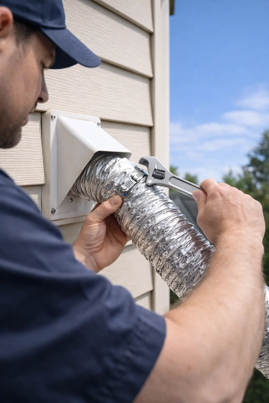 Technician securing a dryer vent exhaust pipe on the exterior of a house