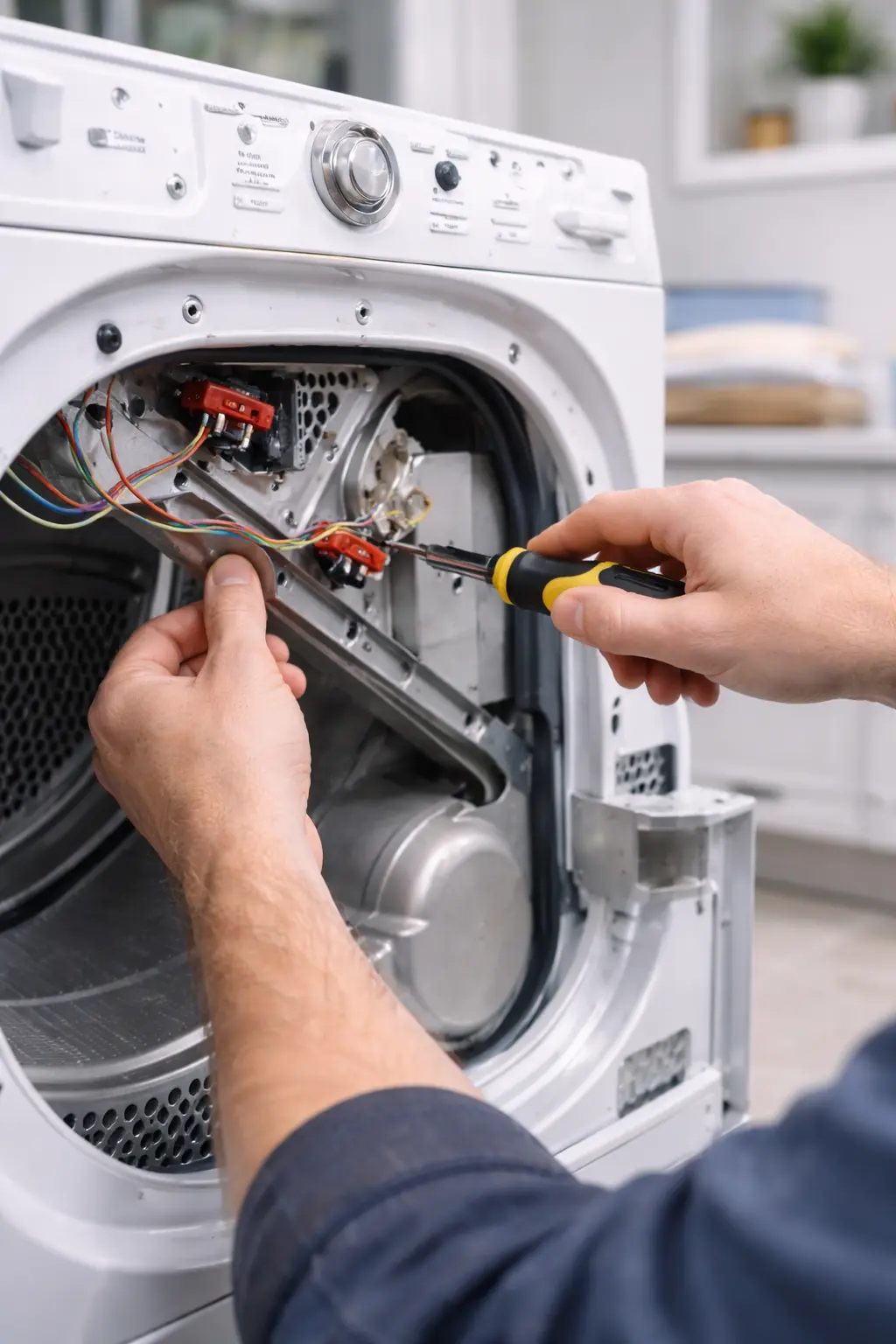 Technician using a screwdriver to repair the wiring inside a dryer unit