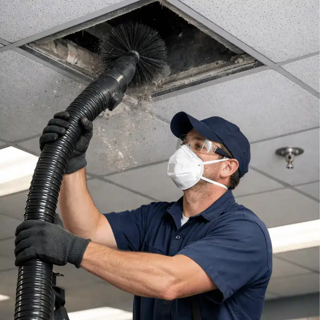 Go Air Ducts technician cleaning air ducts in an office space
