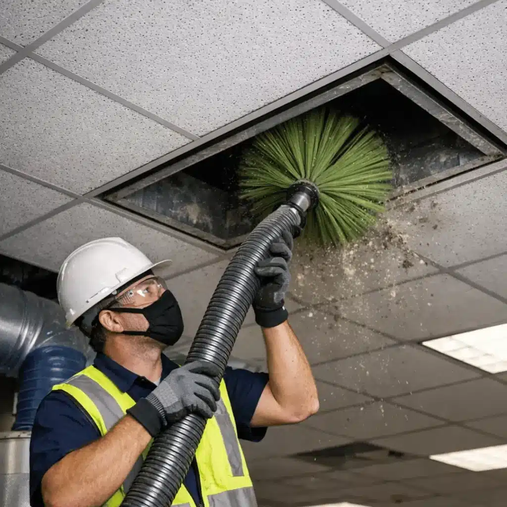 Go Air Ducts technician cleaning air ducts in office ceiling
