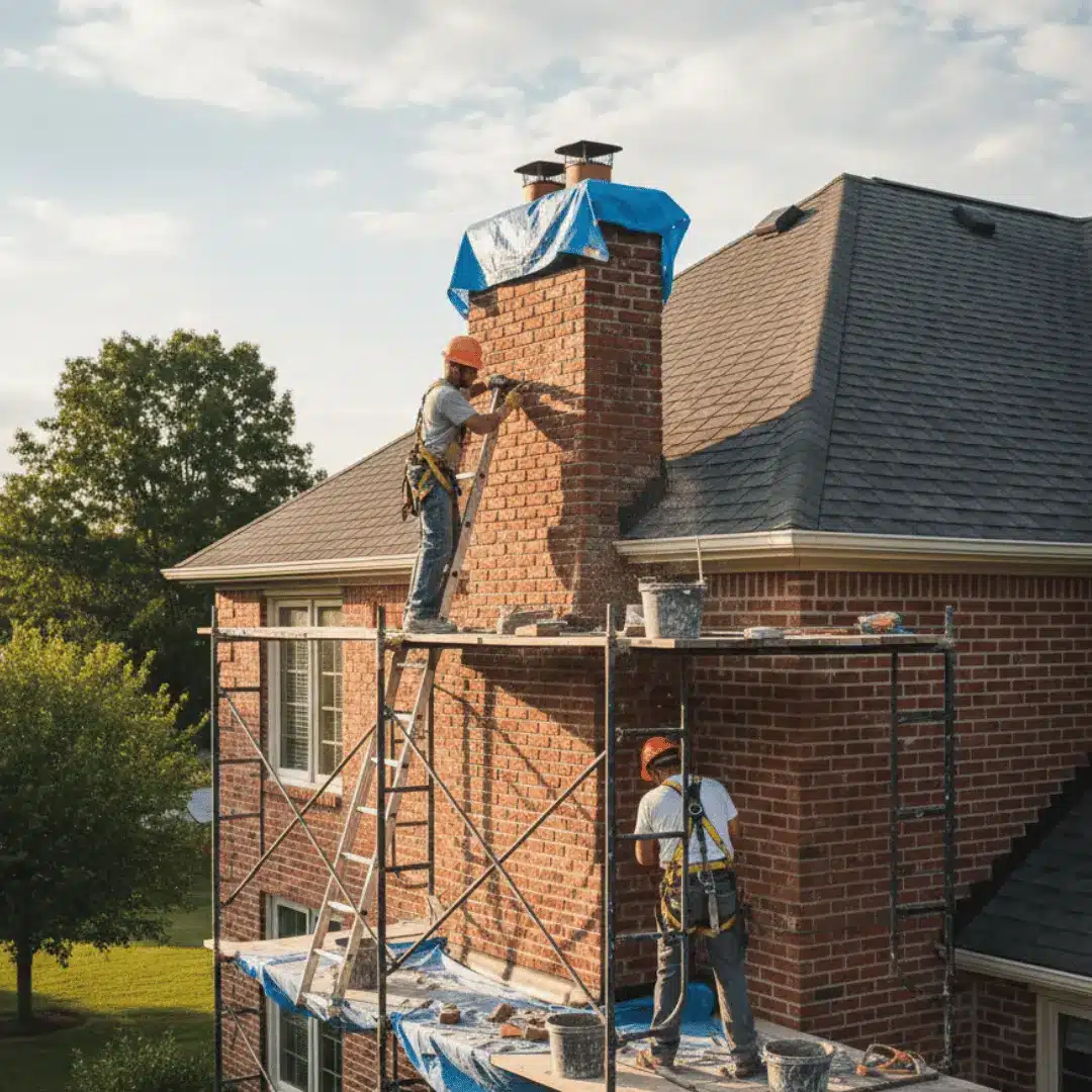 Go Air Ducts chimney masonry work with scaffold