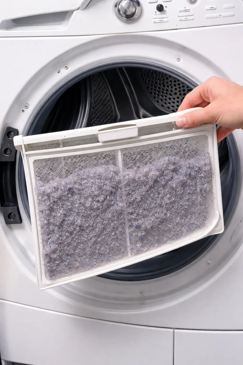 Removing excess lint from a dryer filter to ensure better air flow and prevent fire hazards
