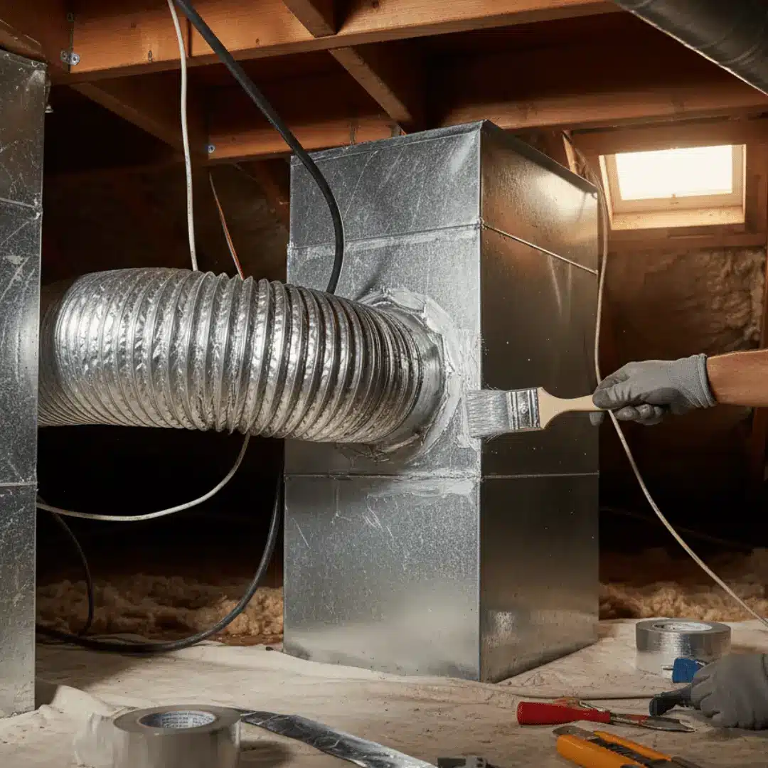 A worker sealing HVAC ducts with silver tape in an attic.
