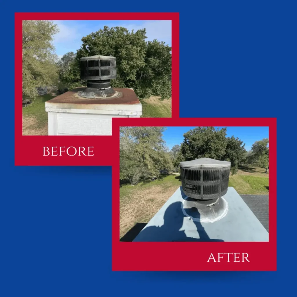 Before and after chimney chase cover repair showing rusted cover replaced with a newly sealed top surface