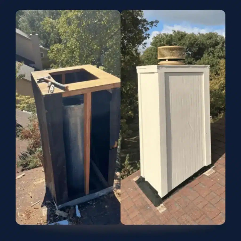Before and after chimney chase rebuild showing exposed framing and completed rooftop enclosure