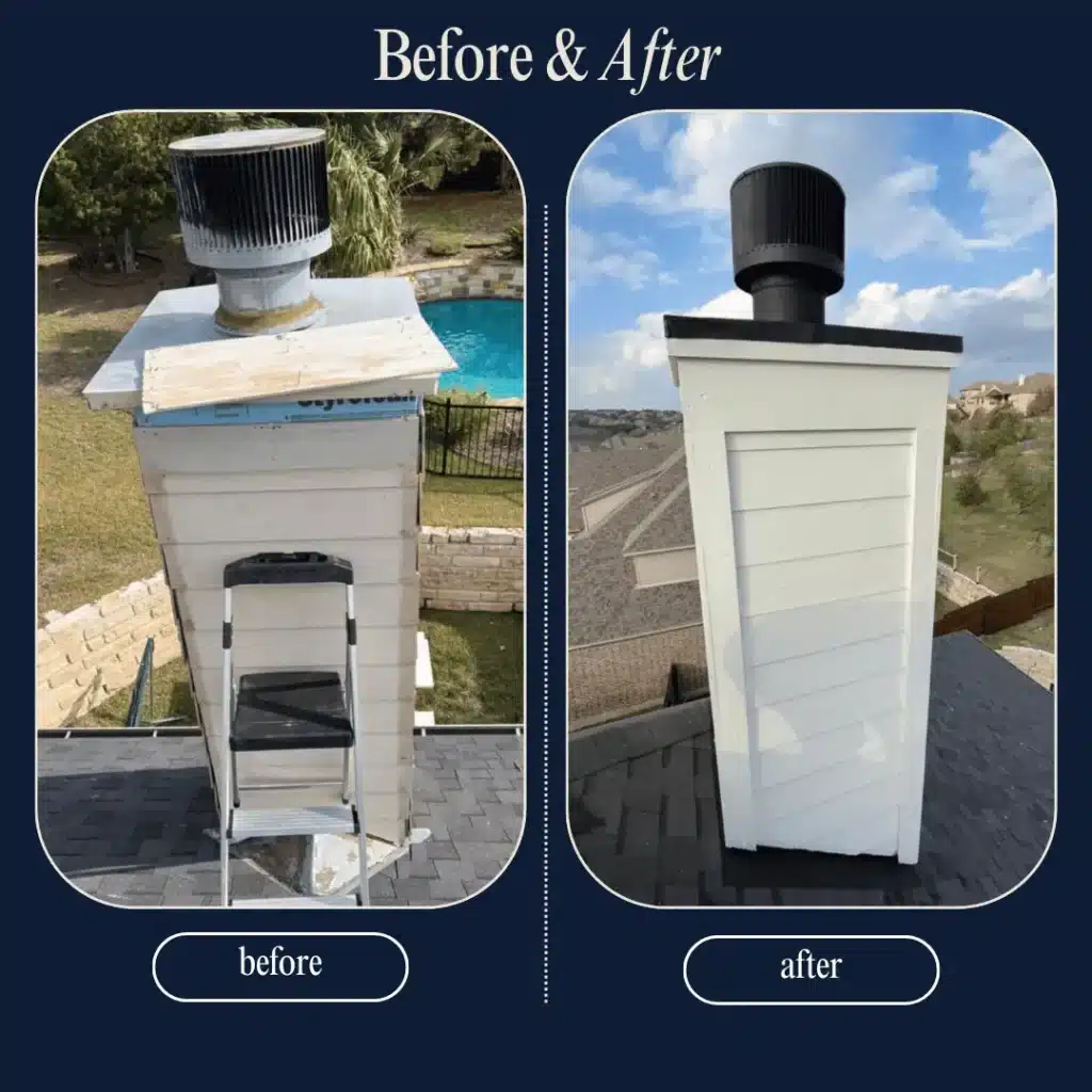 Before and after chimney rebuild showing damaged exterior chase replaced with a clean finished structure