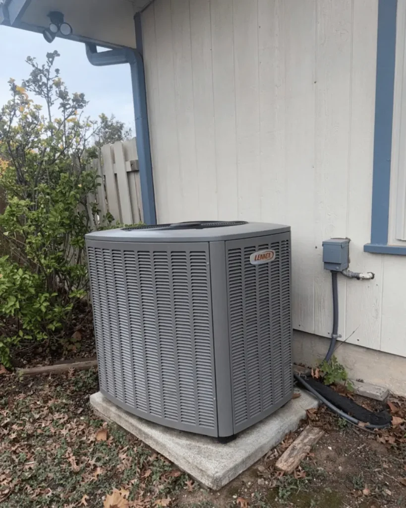 New Lennox outdoor AC condenser unit installed next to house wall