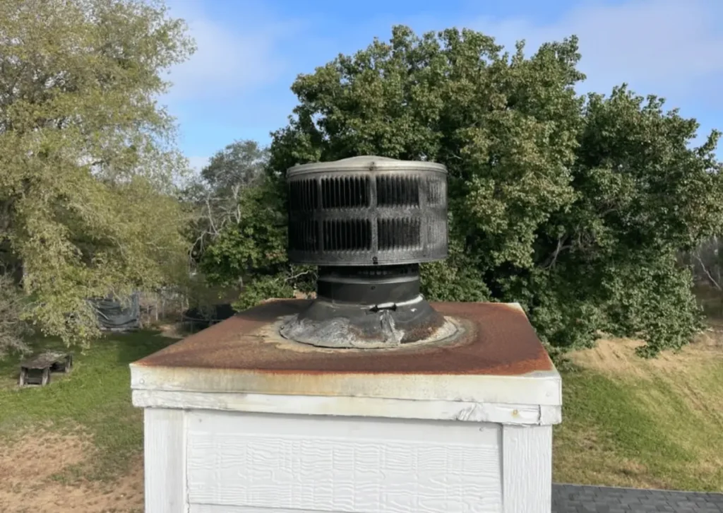 Old rusted chimney top cover with rooftop vent before replacement