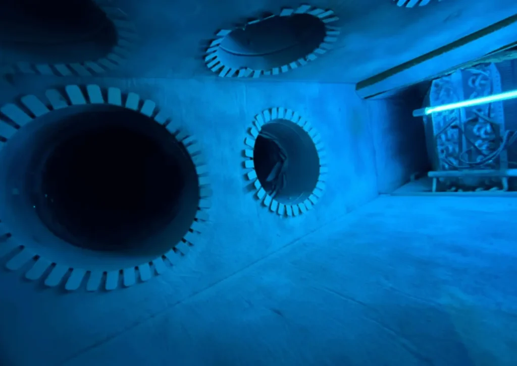 Air duct interior with UV light sanitation system