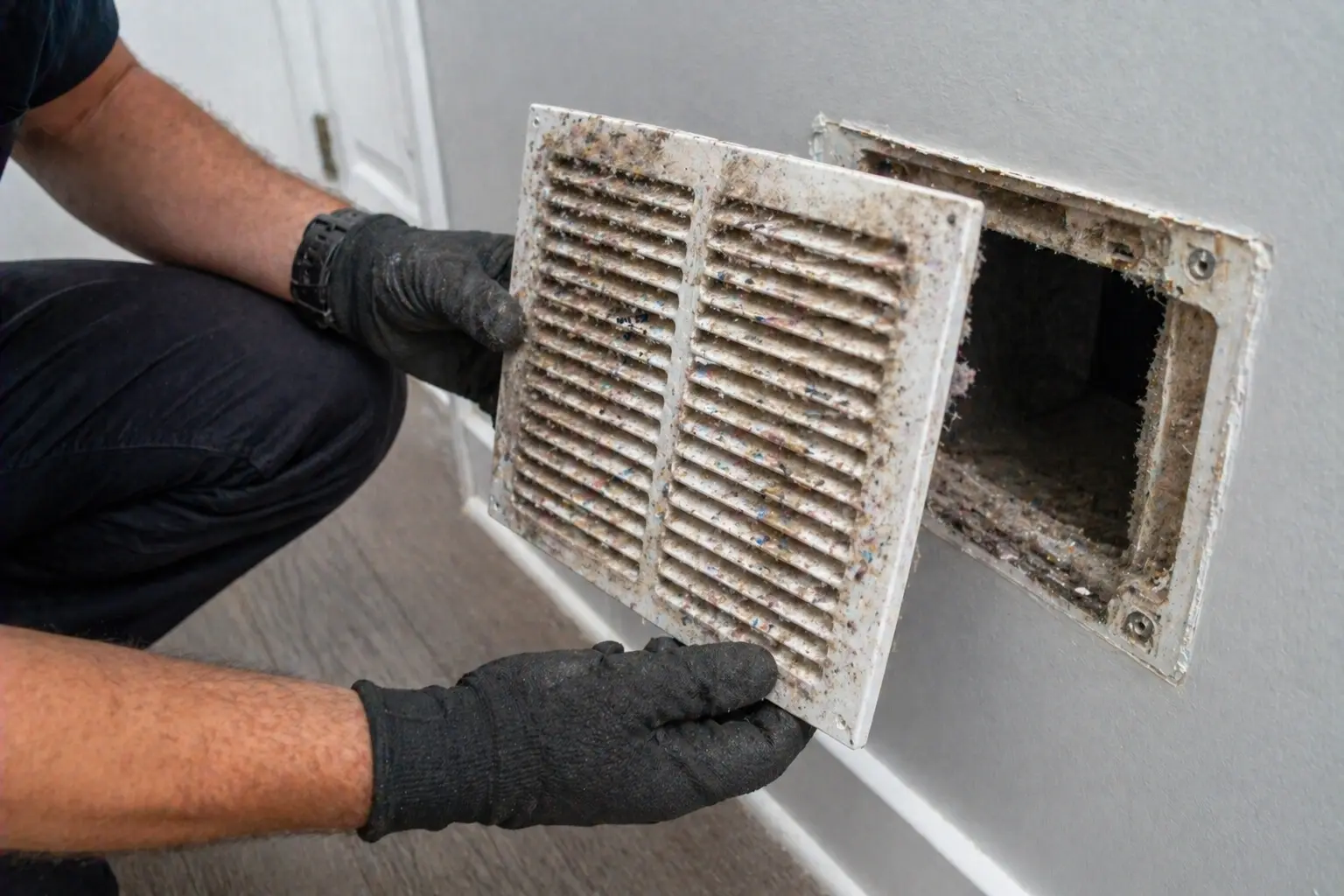 Dirty air vent cover removed showing dust buildup inside duct