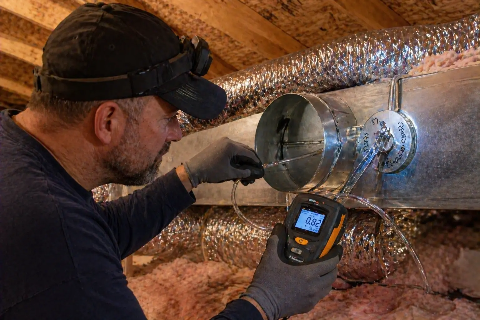 Technician testing airflow inside duct with measurement device