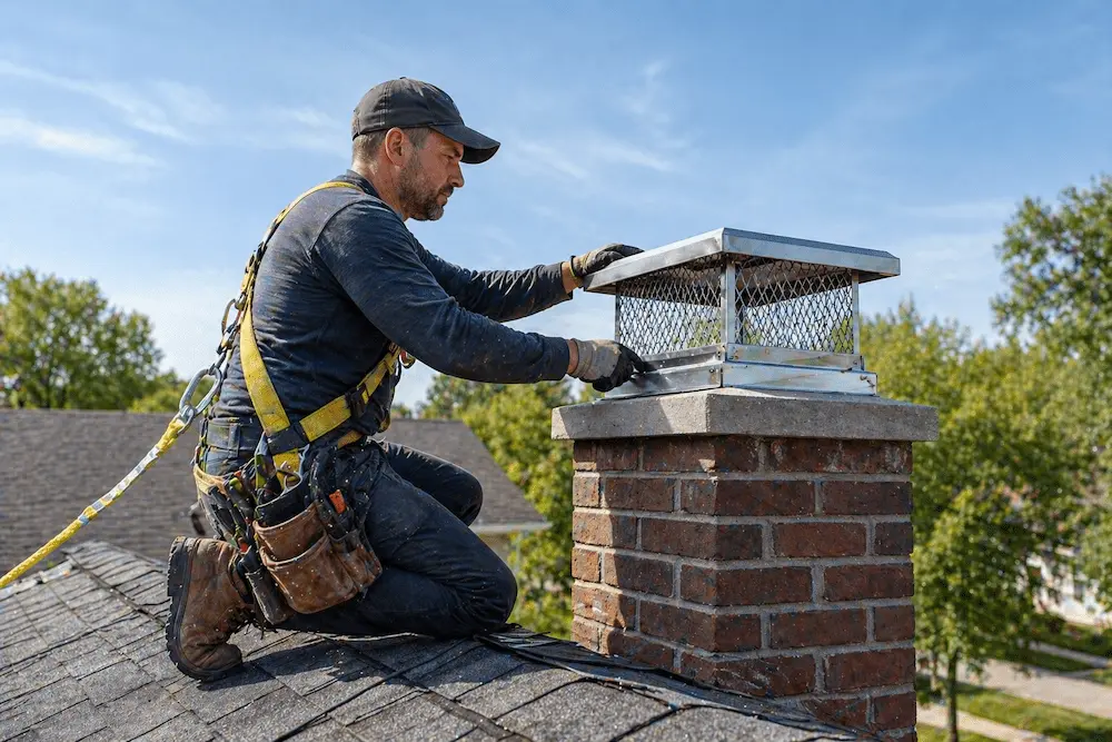 Technician installing chimney cap on residential roof