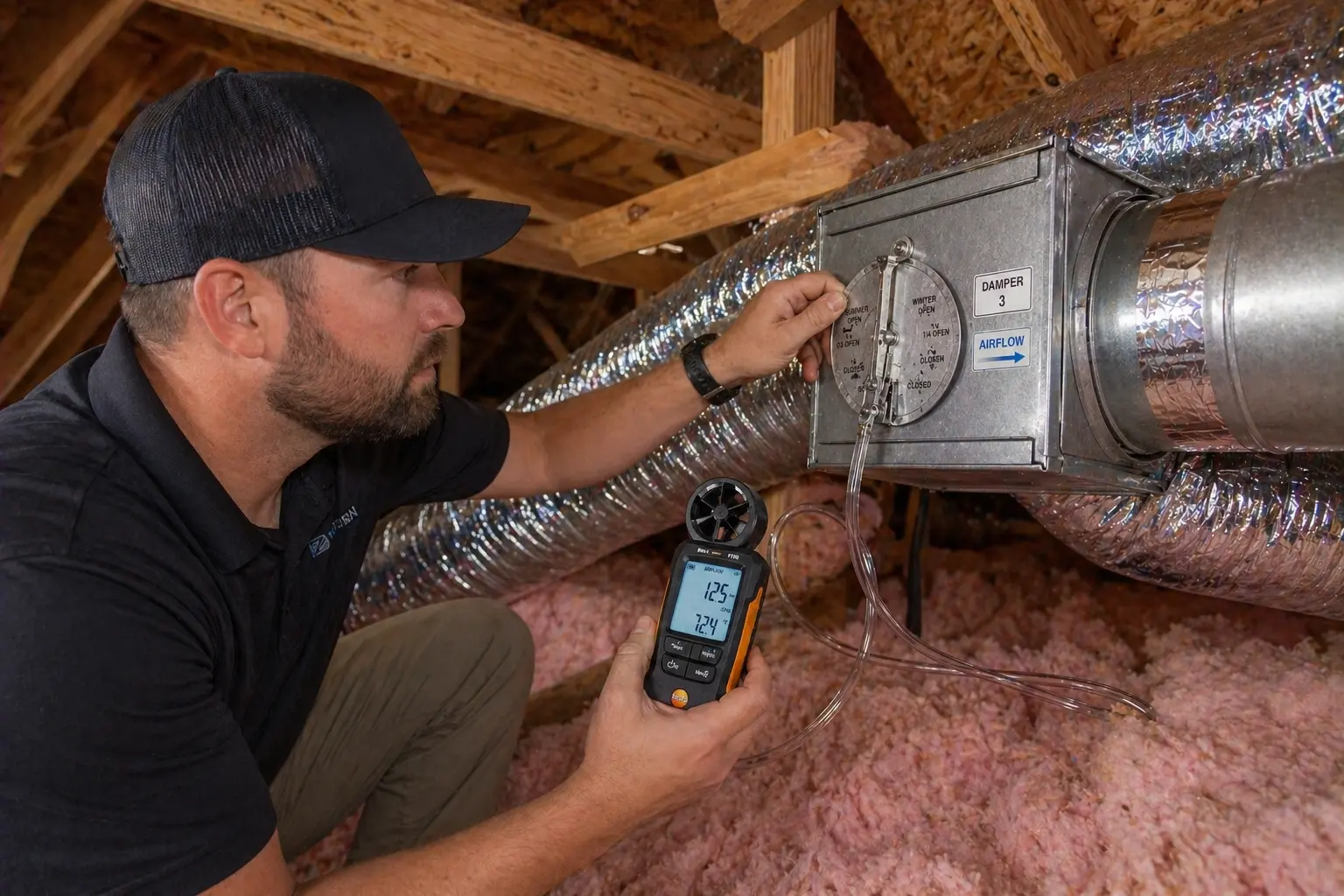 Technician measuring airflow and adjusting HVAC duct damper in attic