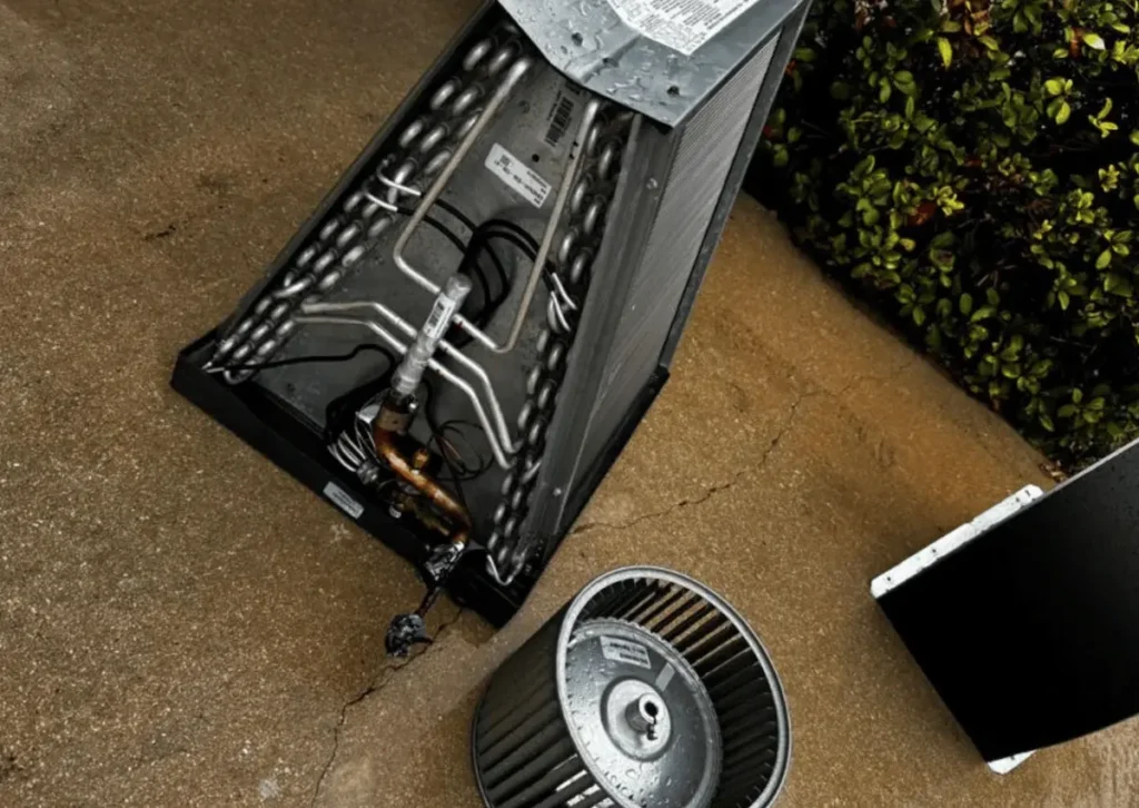 HVAC coil and blower removed for cleaning