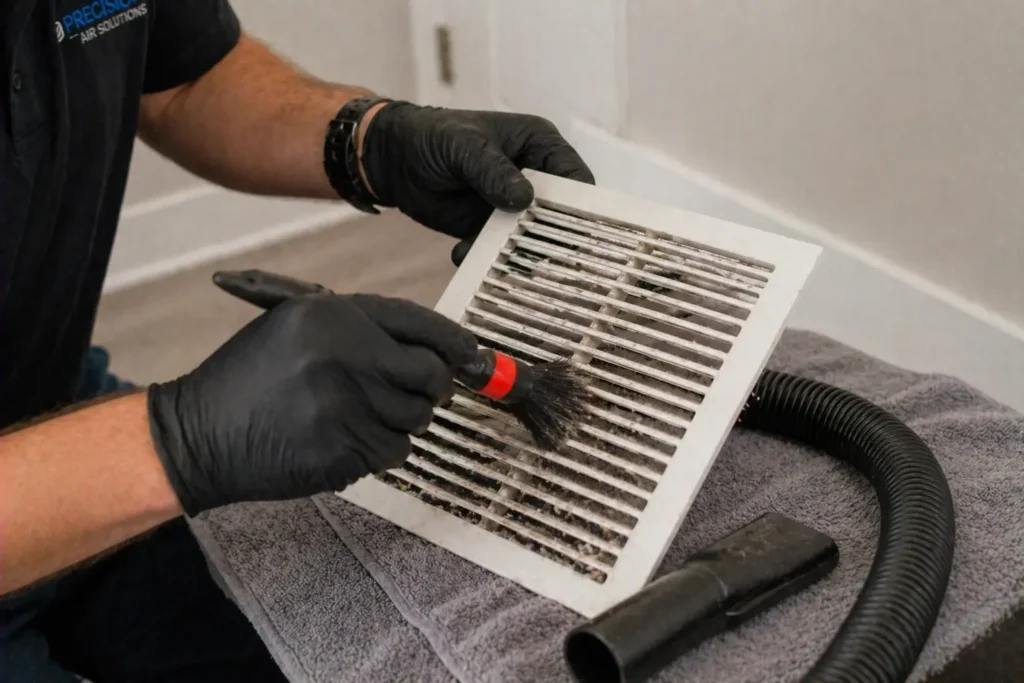 Technician cleaning air vent cover with brush and vacuum