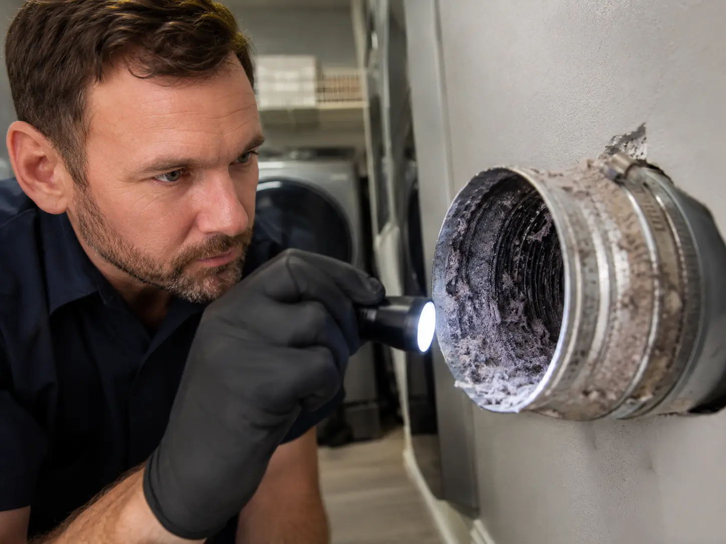 Technician checking dryer vent with inspection camera