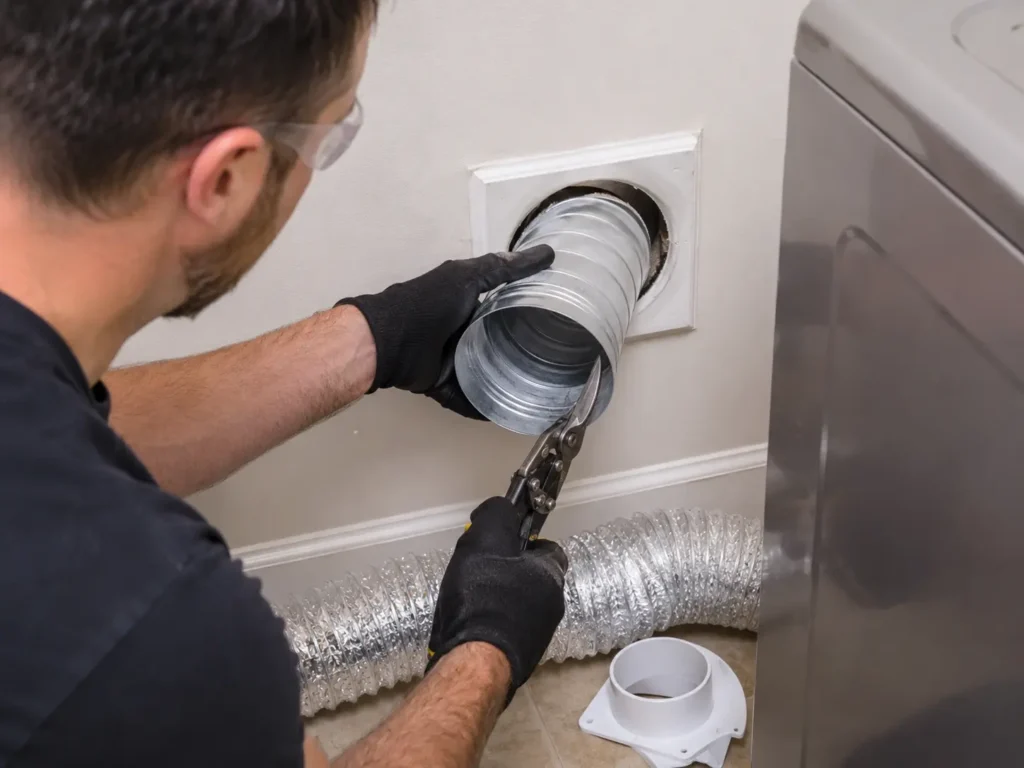 Technician connecting dryer vent with a clamp inside laundry room