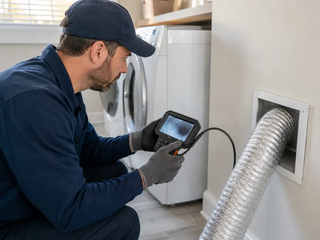 Technician inspecting a dryer vent with a flashlight