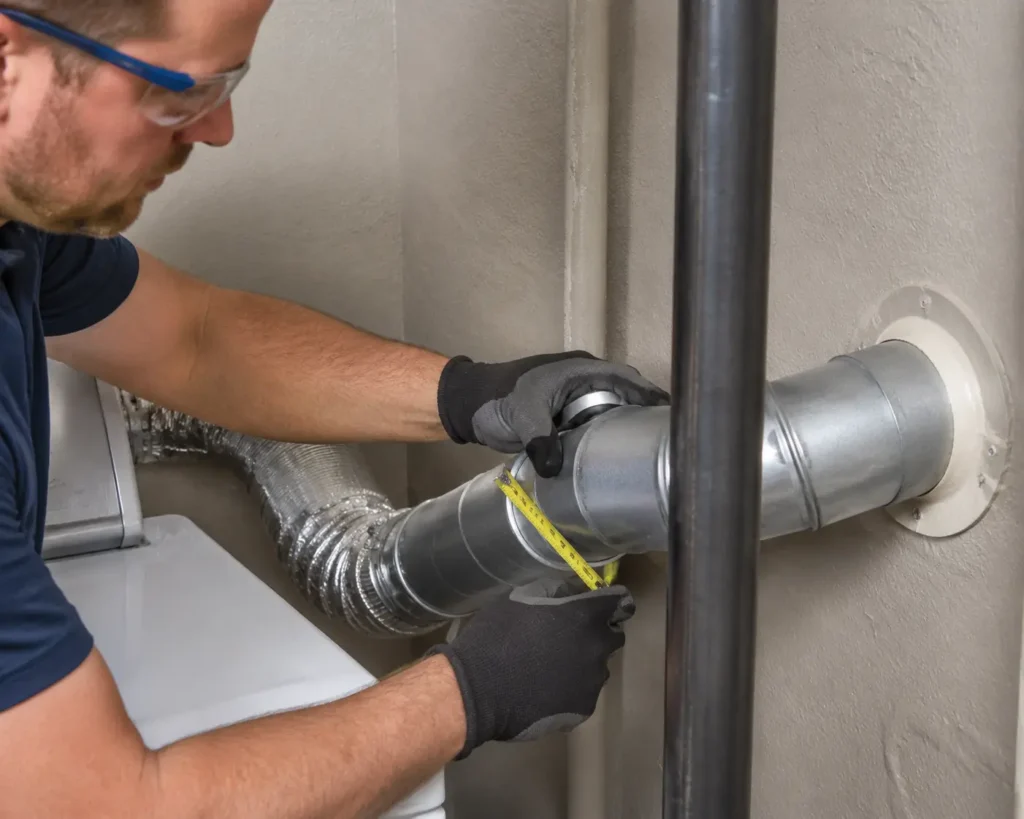 Technician inspecting dryer vent duct with flashlight