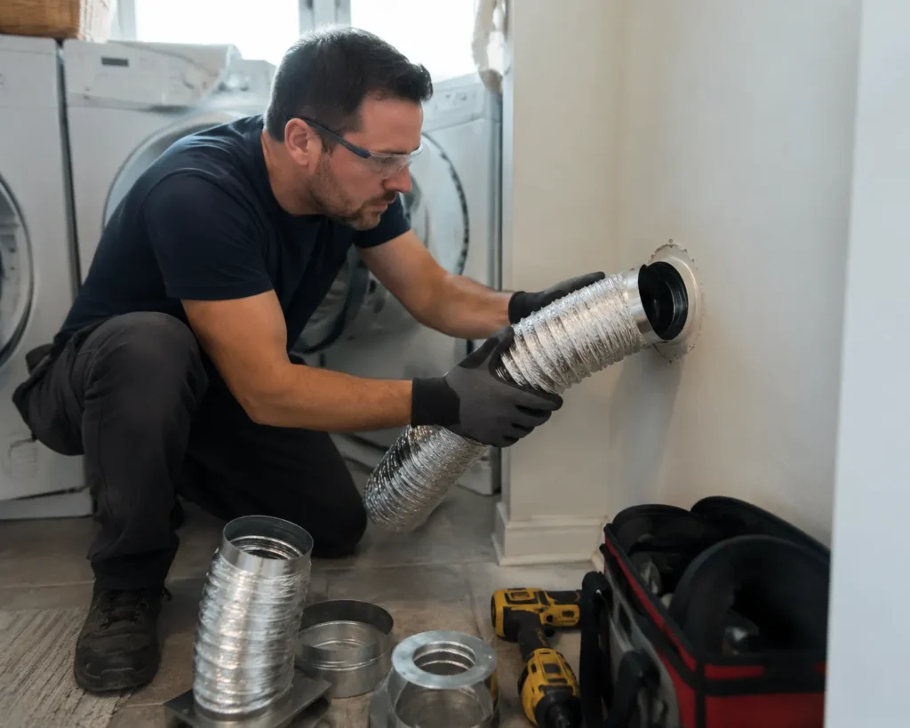 Technician connecting metal duct to dryer vent opening