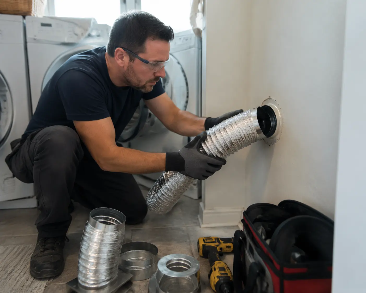 Technician connecting metal duct to dryer vent opening