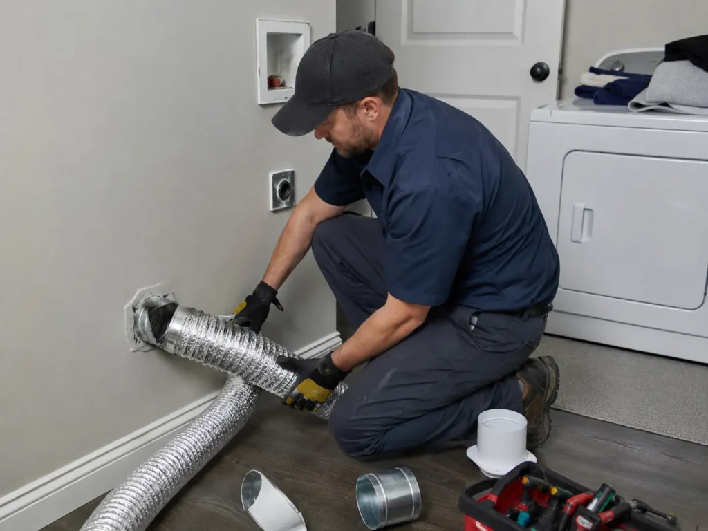 Technician installing a flexible dryer vent duct in a residential laundry room