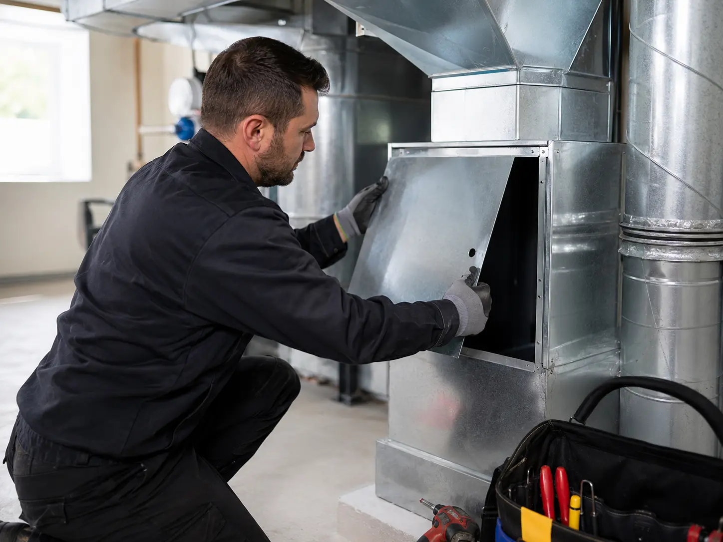 Technician installing HVAC duct access panel