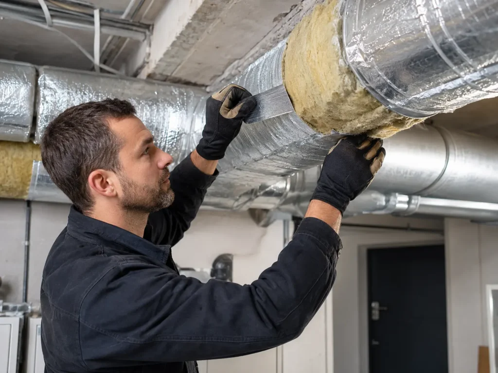 Technician wrapping HVAC duct with insulation and foil tape