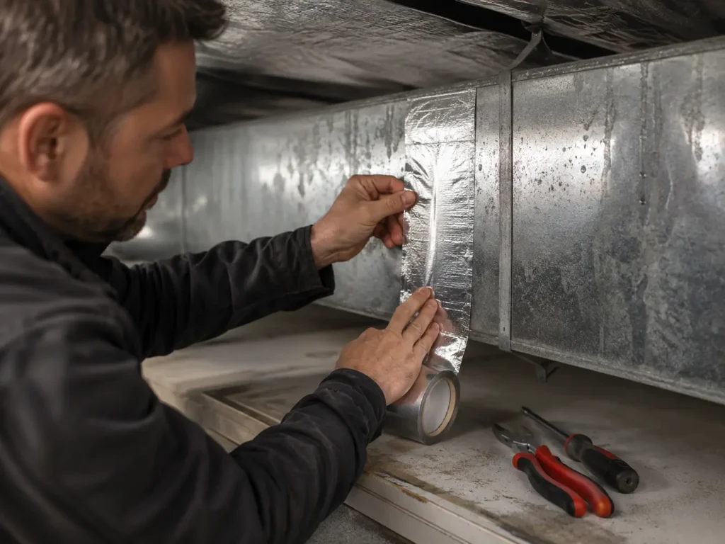 Technician sealing metal HVAC duct with foil tape