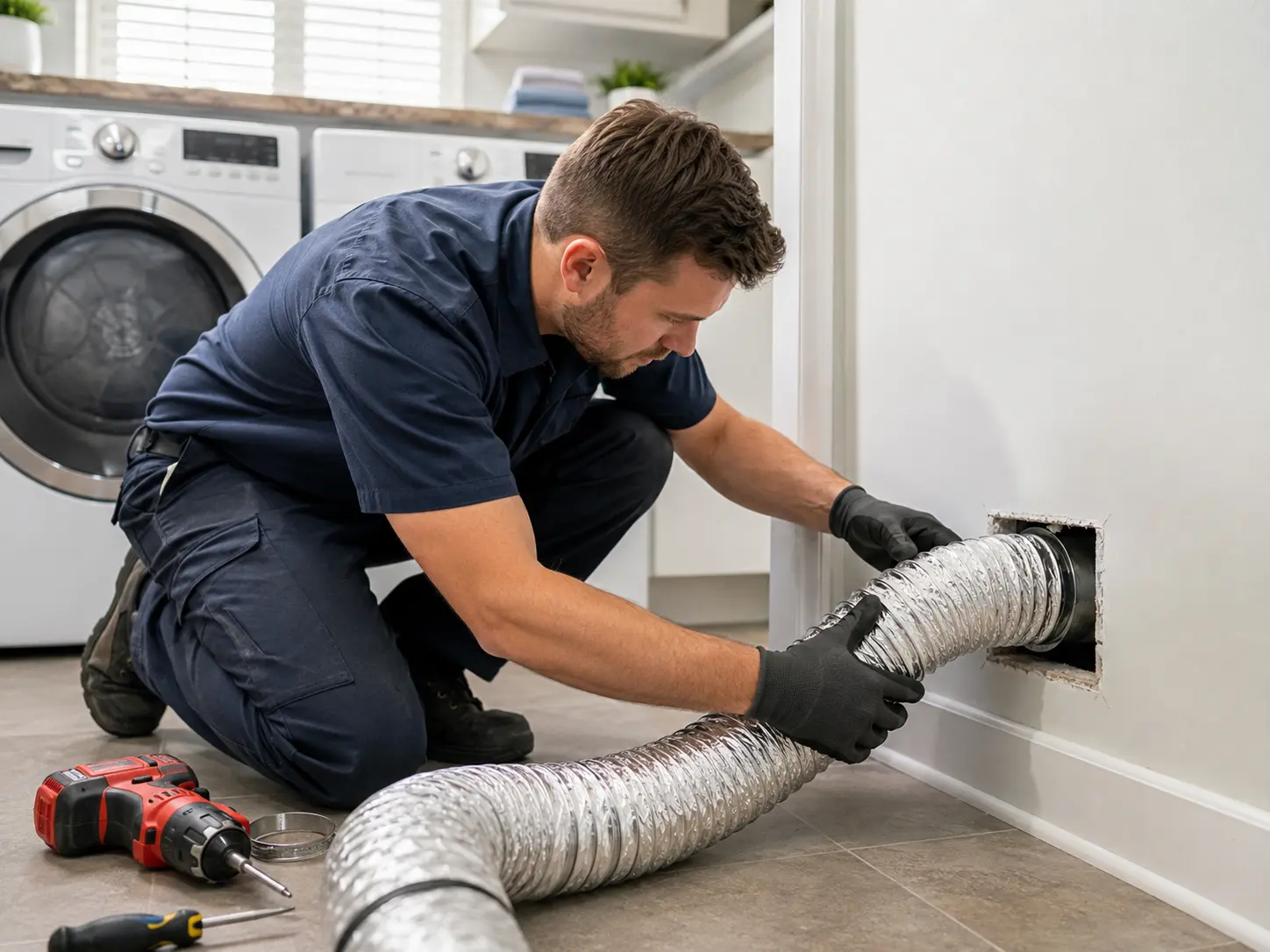 Technician installing a flexible dryer vent pipe inside a laundry room
