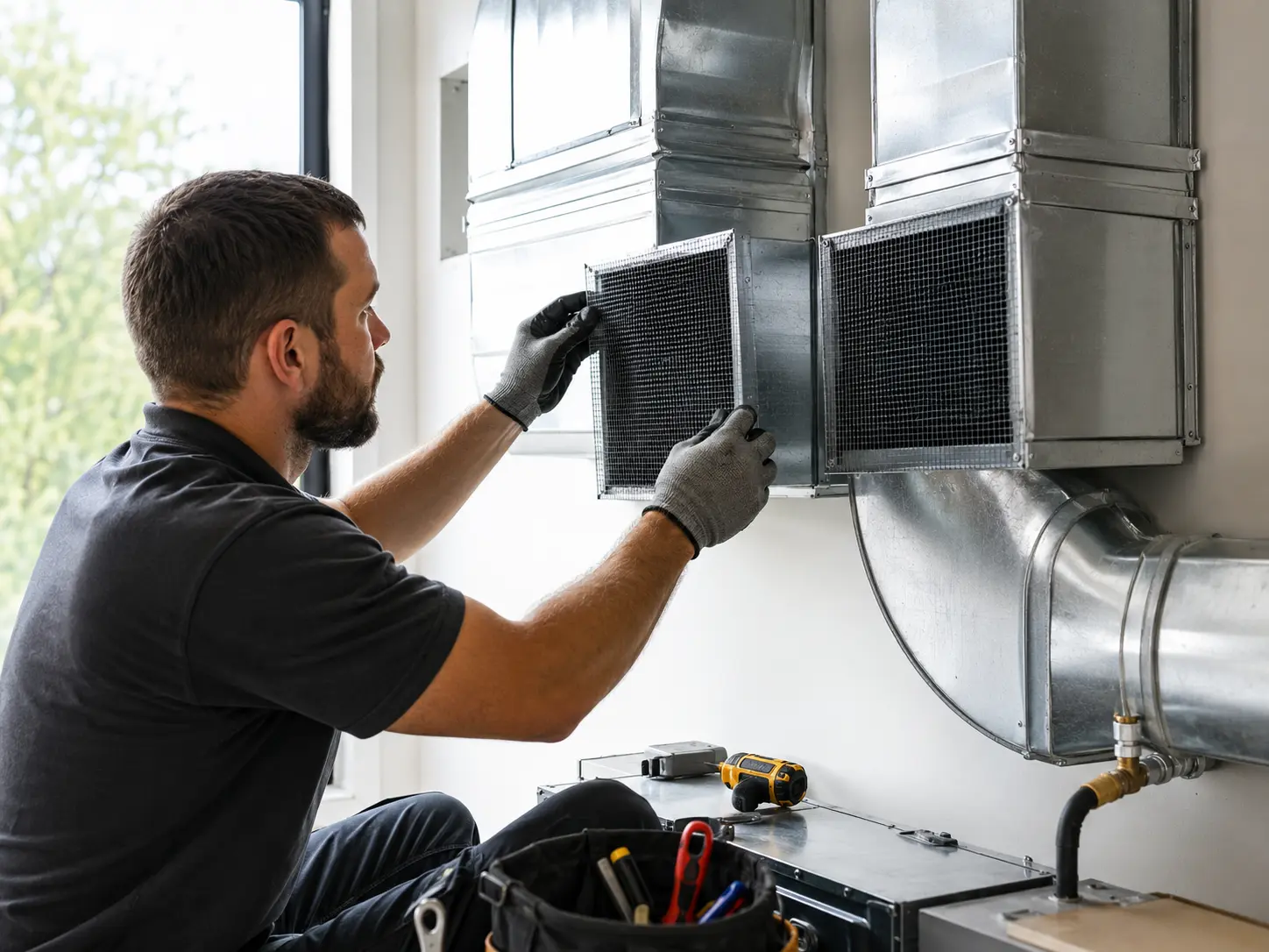 HVAC technician installing mesh on duct openings