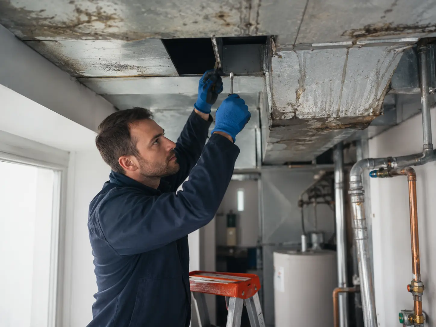 HVAC technician repairing duct with tools