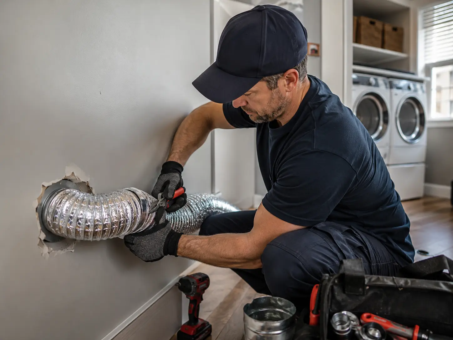 Technician securing dryer vent connection with tools