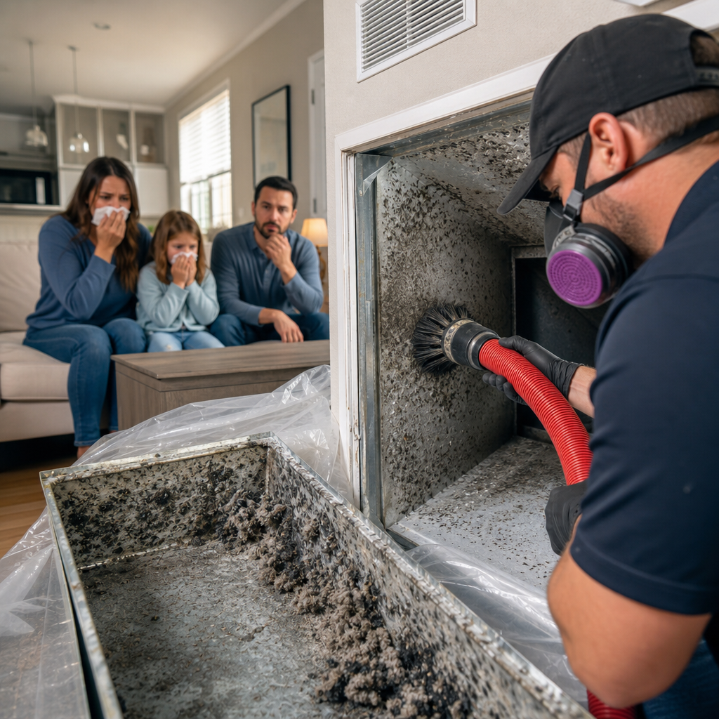 Masked technician scrubbing a moldy wall air duct as an Austin family covers their noses