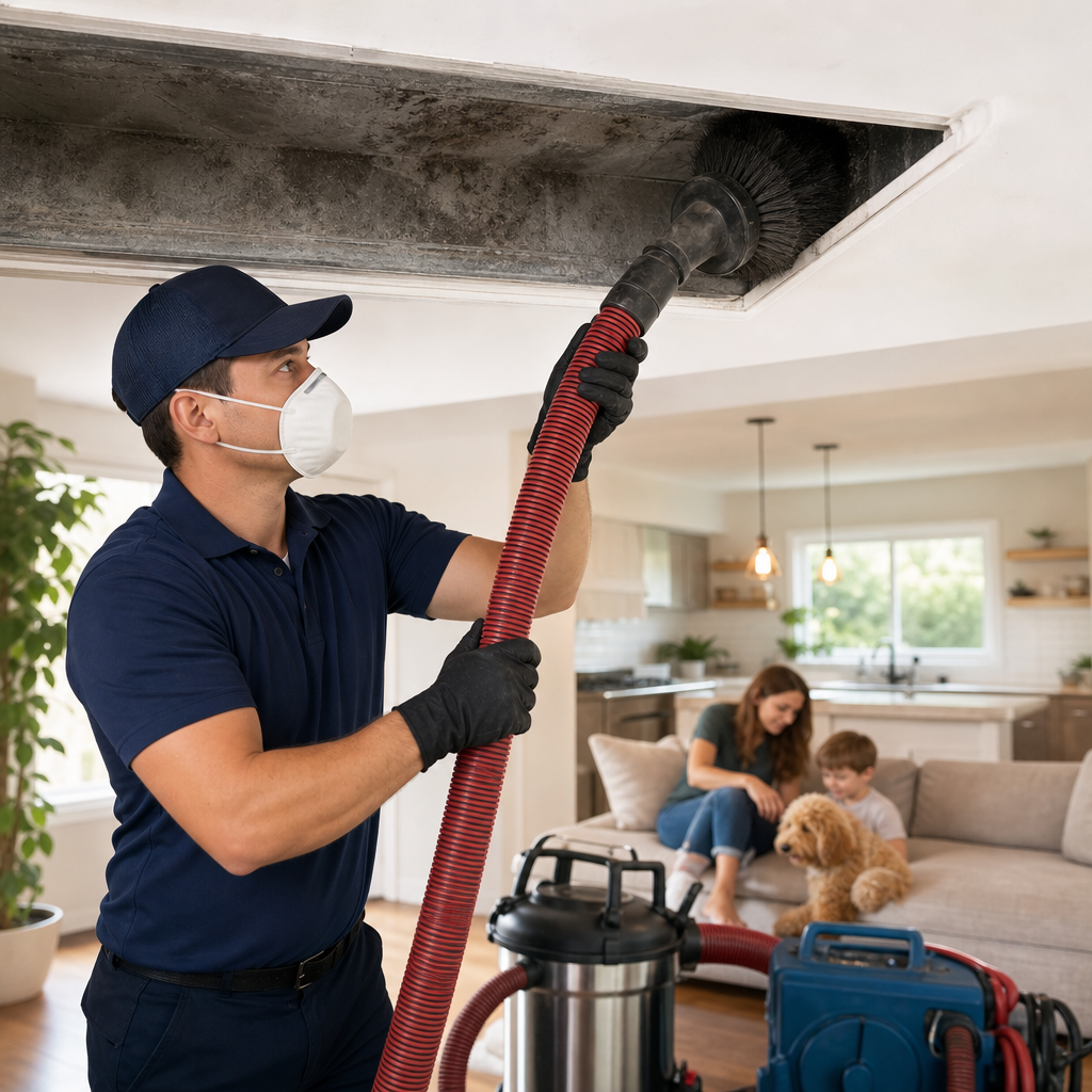 Technician cleaning exposed overhead ductwork in an Austin commercial office to boost efficiency