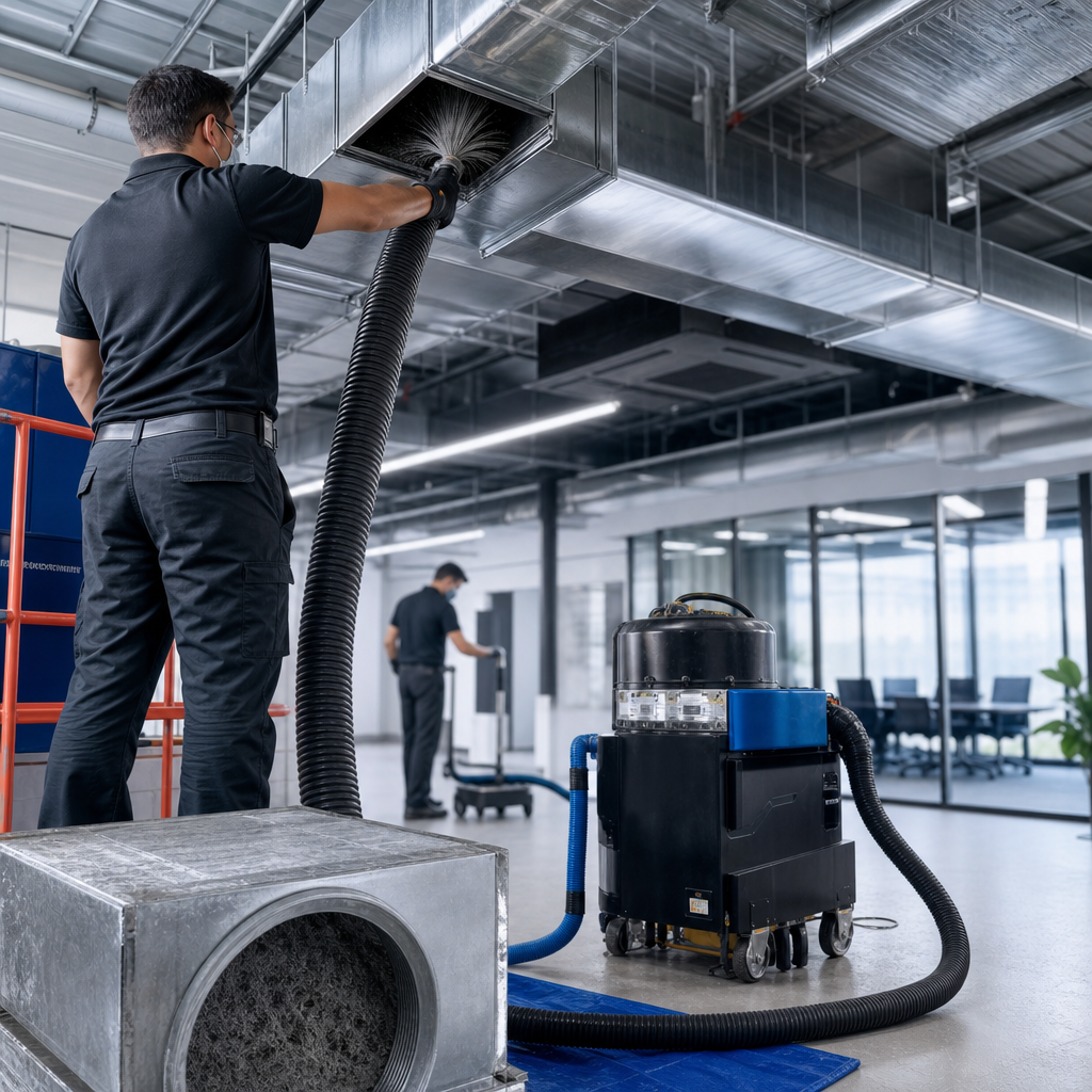 Technician vacuuming overhead ductwork in a San Antonio office with a coworker in the background