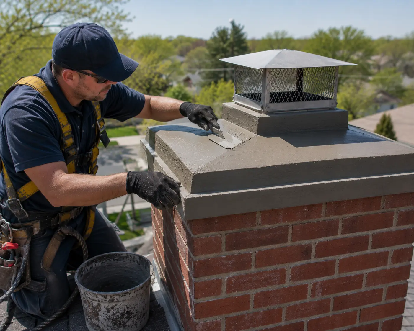 Roofing technician applying sealant to a rebuilt brick chimney crown with a new stainless steel chimney cap