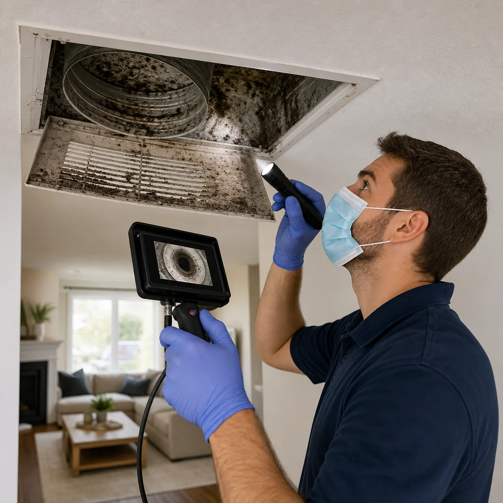 Technician in a mask and gloves shines a flashlight into a dirty ceiling duct while holding an inspection camera.